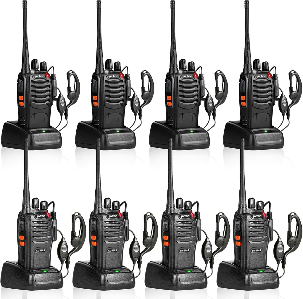 Pxton Walkie Talkies - Long Range Rechargeable 2-Way Radios with Headphones | 8 Pack with VOX & Noise Reduction