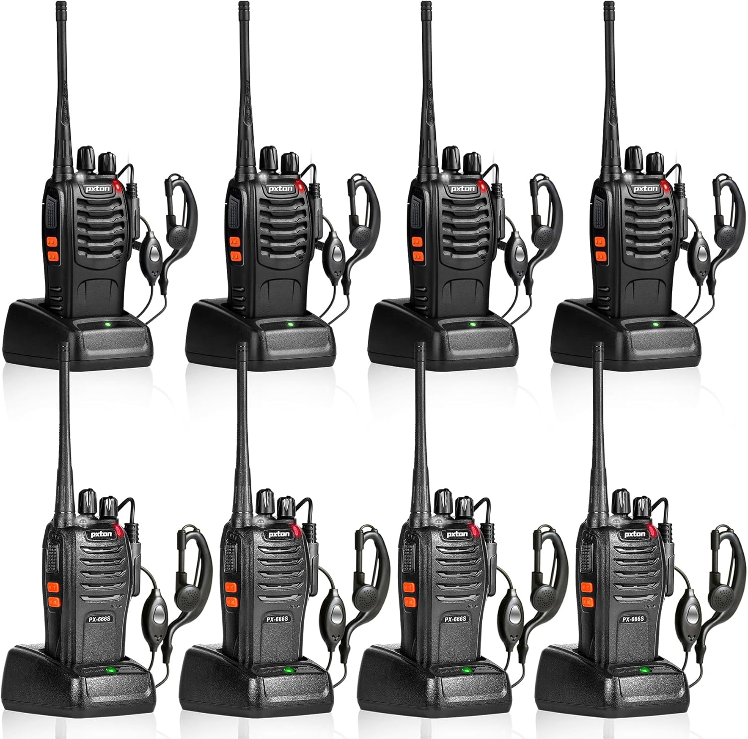 Pxton Walkie Talkies - Long Range Rechargeable 2-Way Radios with Headphones | 8 Pack with VOX & Noise Reduction