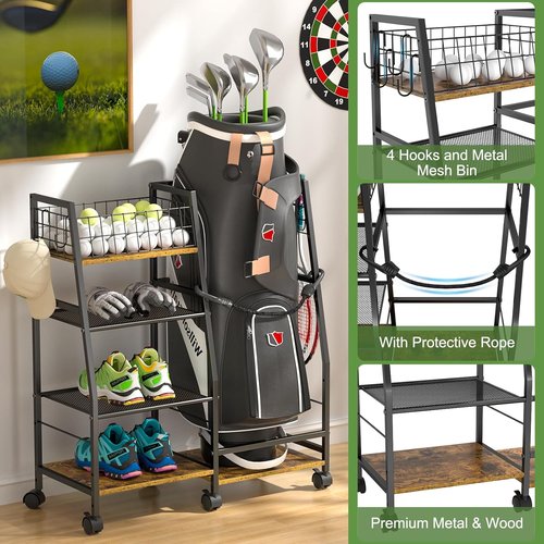 Golf Bag Garage Storage Rack - Sturdy Wood & Metal Organizer with Wheels for Single Bag | Black
