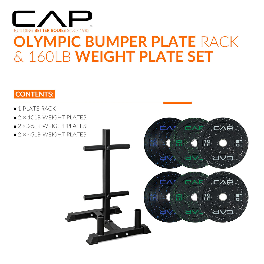 CAP 160 lb Economy Speckled Olympic Bumper Plate Set with Compact Storage Rack, 2-Inch Olympic Plates, Medium Bounce Rubber Weight Plates with Steel Hub, 4 Weight Posts & 2 Barbell Holders for Weightlifting, Strength Training & Home Gym Workouts