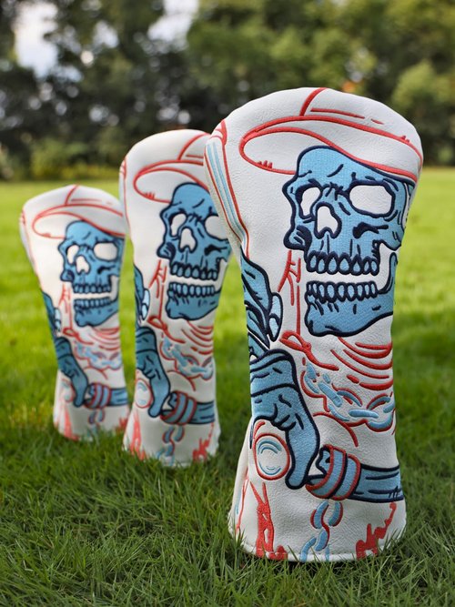 Golf Club Head Covers,3pcs Skull Skeleton Driver Fairway Hybrid Golf Headcovers for Woods, PU Leather with Advanced Embroidery for Most Brands-White