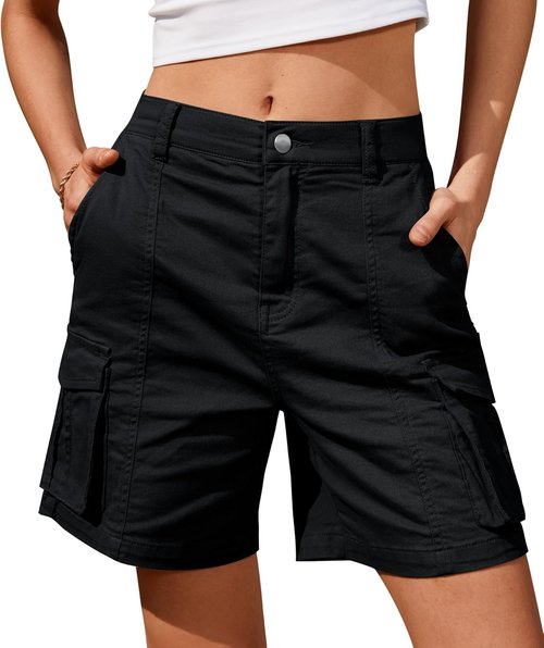 IVIR Bermuda Shorts for Women - Knee-Length Cargo Shorts with 6 Pockets & Elastic Waist | Summer Casual Wear