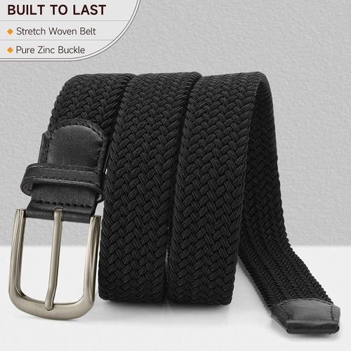 GAEKEAO Elastic Braided Belt for Men - 1 3/8" Stretch Woven Design for Golf & Casual Wear | Black