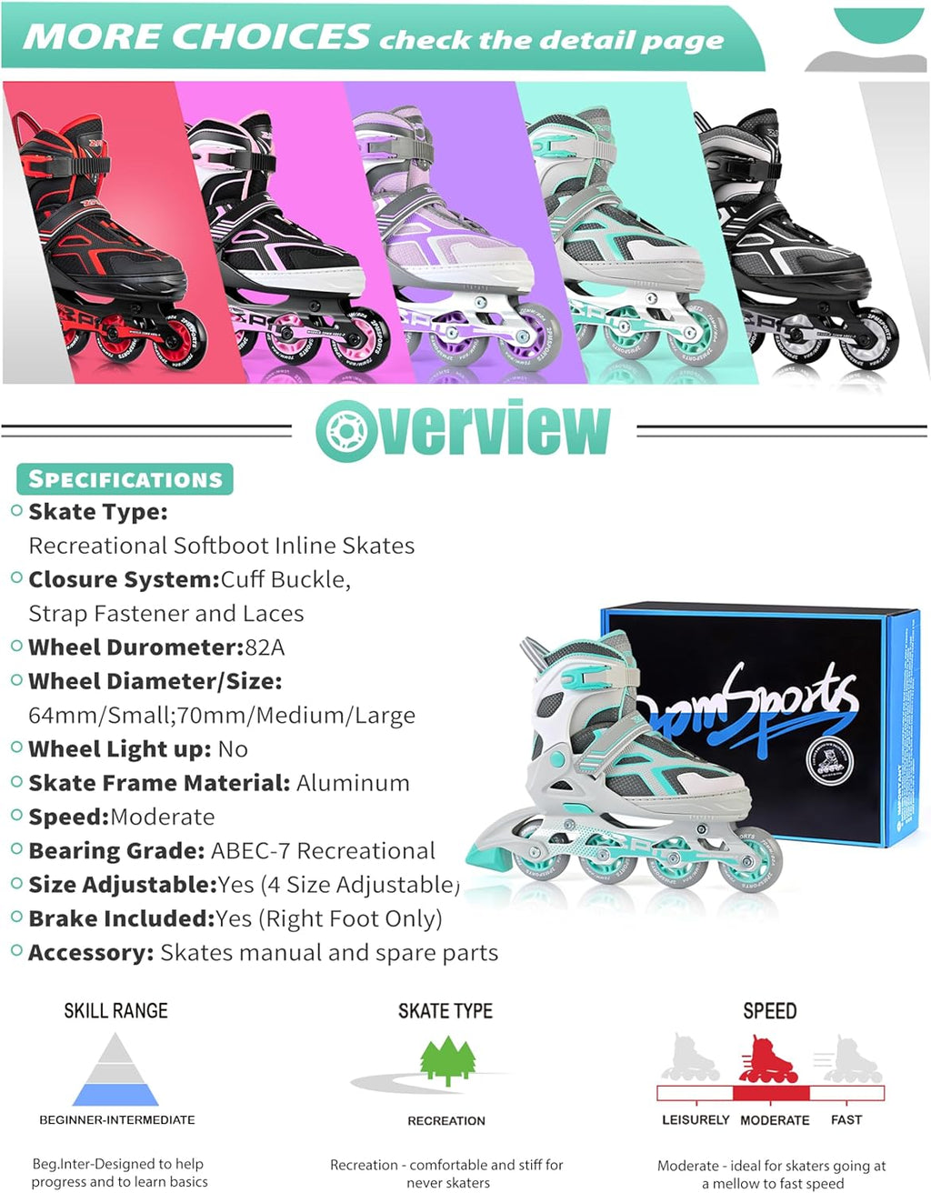 2PM SPORTS Torinx Green Inline Skates - Adjustable Fun Roller Skates for Kids & Adults