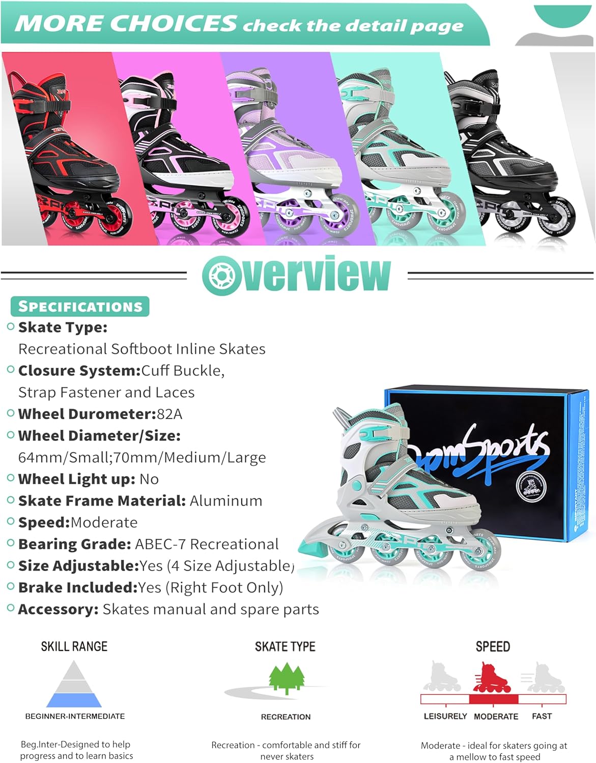 2PM SPORTS Torinx Green Inline Skates - Adjustable Fun Roller Skates for Kids & Adults