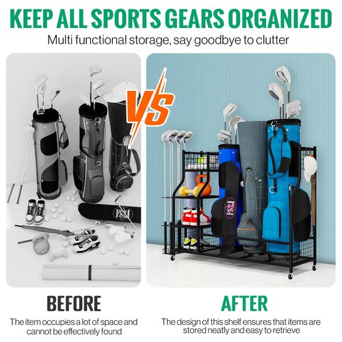 Flibaluly Golf Bag Storage Garage Organizer-Heavy Duty Golf Bag Rack for 3 Golf Bags,Golf Accessories with 4-Tier Shelf and Wheels for Home,Club,Garage and Basement