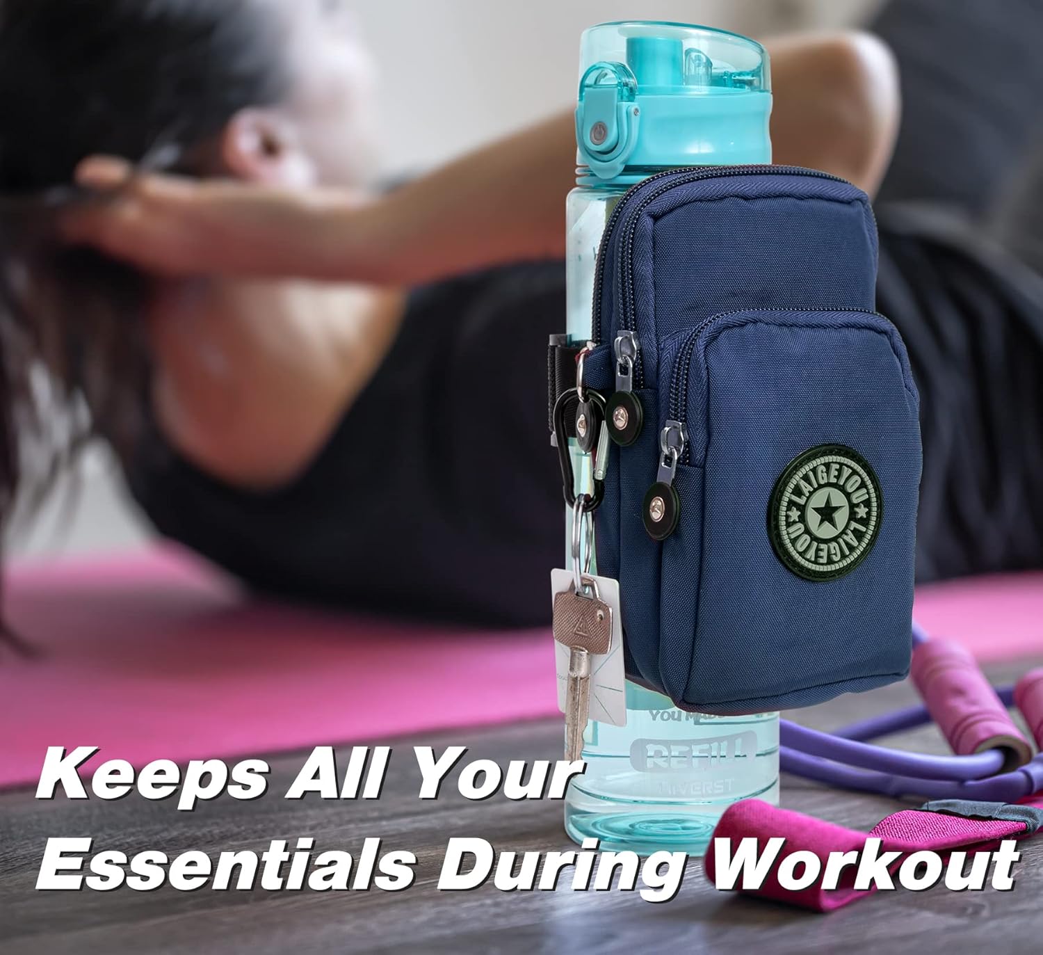 Skiennix Gym Water Caddy - Phone Holder & Pocket for Cards, Keys, Wallet | Versatile Bottle Sleeve Bag