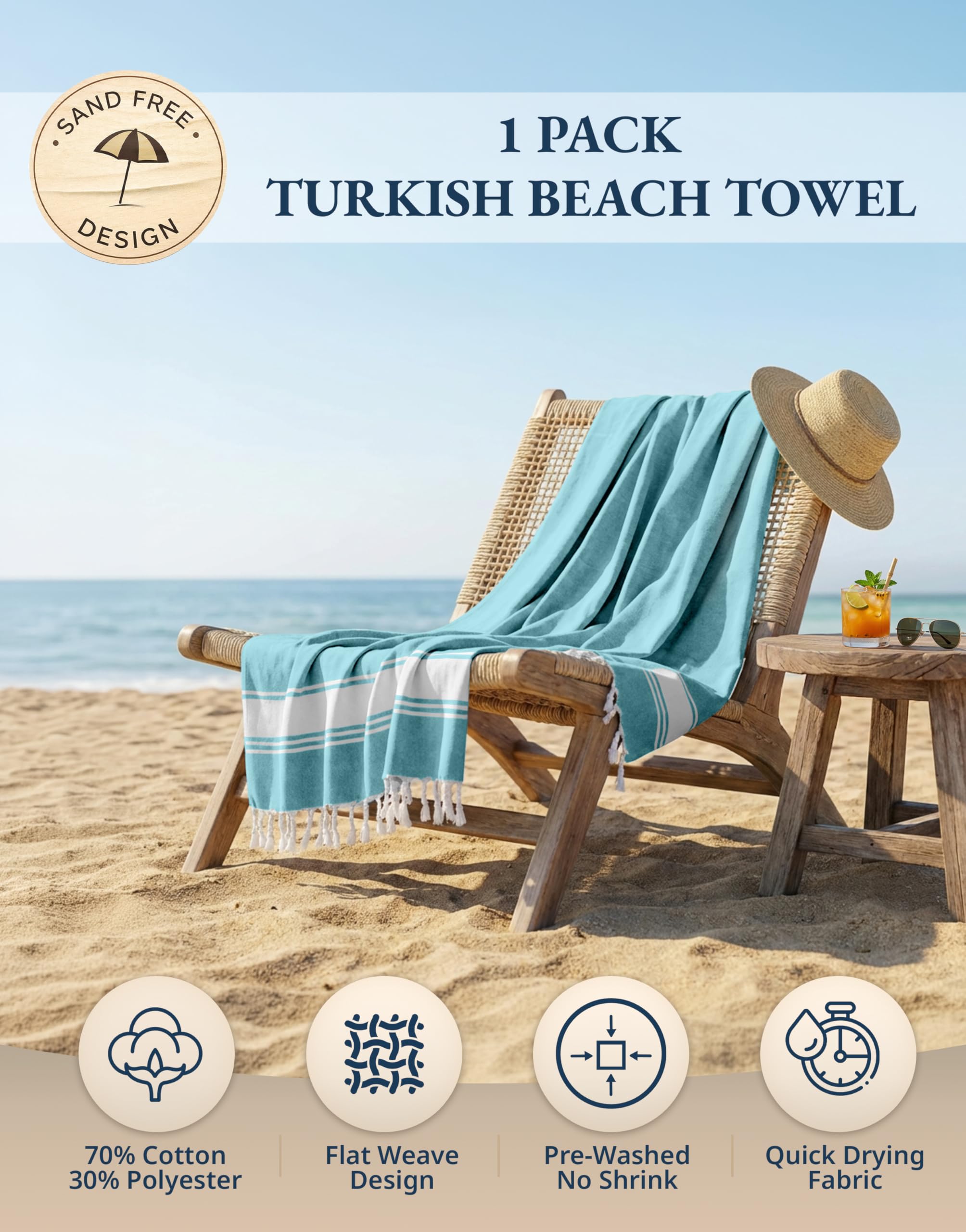LANE LINEN Extra Large Beach Towel, Beach Towels Oversized, Pre-Washed, No Shrink, Quick Dry Pool Towels, Stylish Light Beach Towel for Women, Absorbent & Sand Free Towel, 39"x71" - Aqua