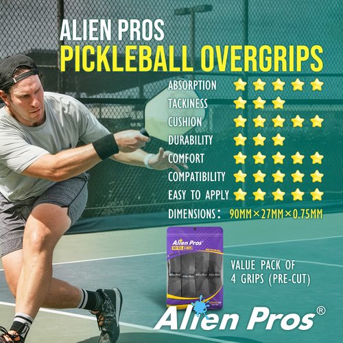 ALIEN PROS Pickleball Overgrip (4-Pack) with Ridges for Better Grip Control - Precut and Dry Feel Pickleball Grip Tape - Non-Slip Pickleball Paddle Grip Tape for High Performance (Ridged Dry, Black)