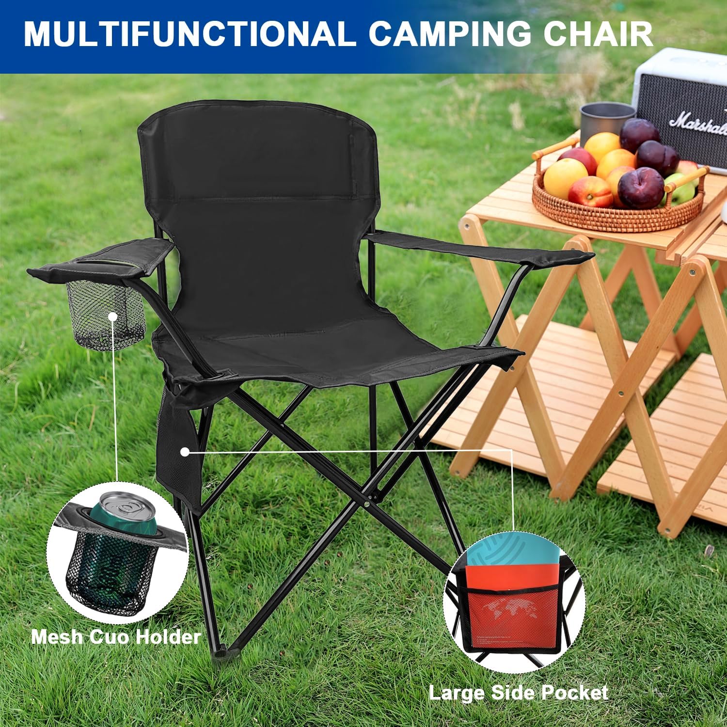 Skiennix Folding Camping Chairs - Heavy Duty Collapsible Lawn Chair with Cooler Bag | Supports 225LBS, Black