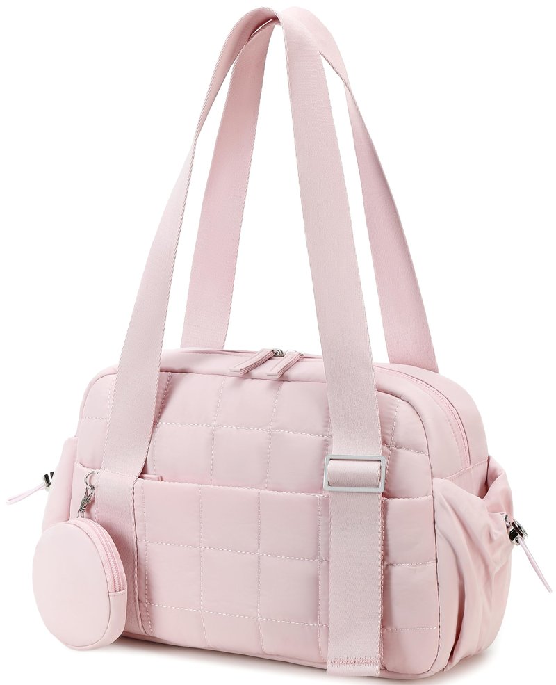 CAMTOP Mini Gym Bag for Women, Small Gym Tote Bag Puffy Quilted Sports Duffel Bag with Wet Compartment and Coin Purse Duffel Bags Dance Yoga Workout Bag for Gifts (All Coral Pink, Mini-12.6")