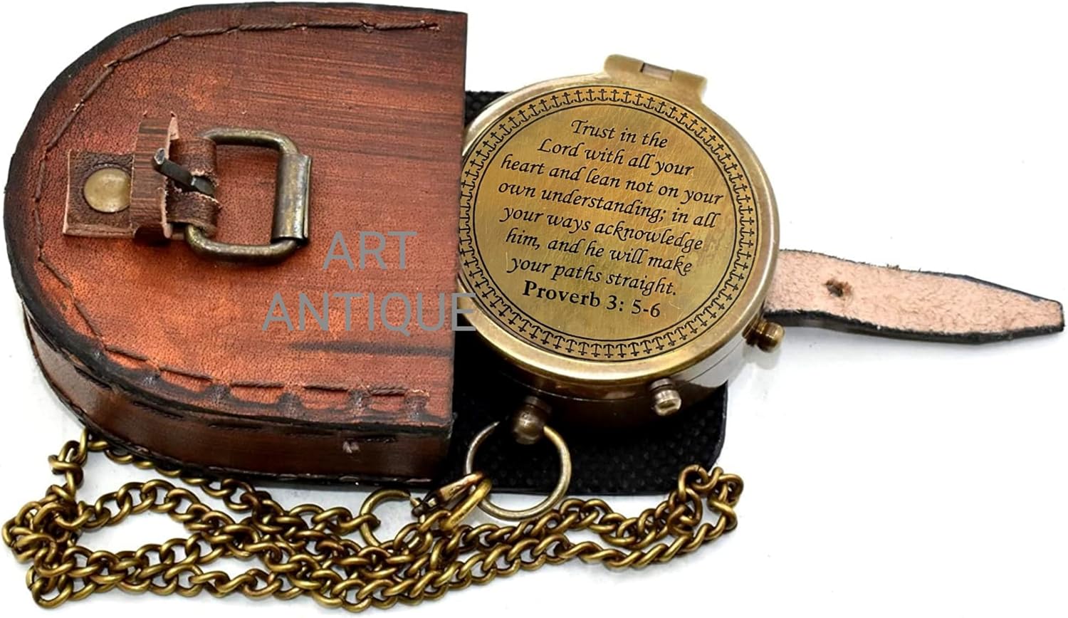 Trust In The Lord Brass Compass - Engraved Proverbs 3:5-6 Inspirational Pocket Compass with Leather Case | Perfect Christian Gift for Graduation or Birthday