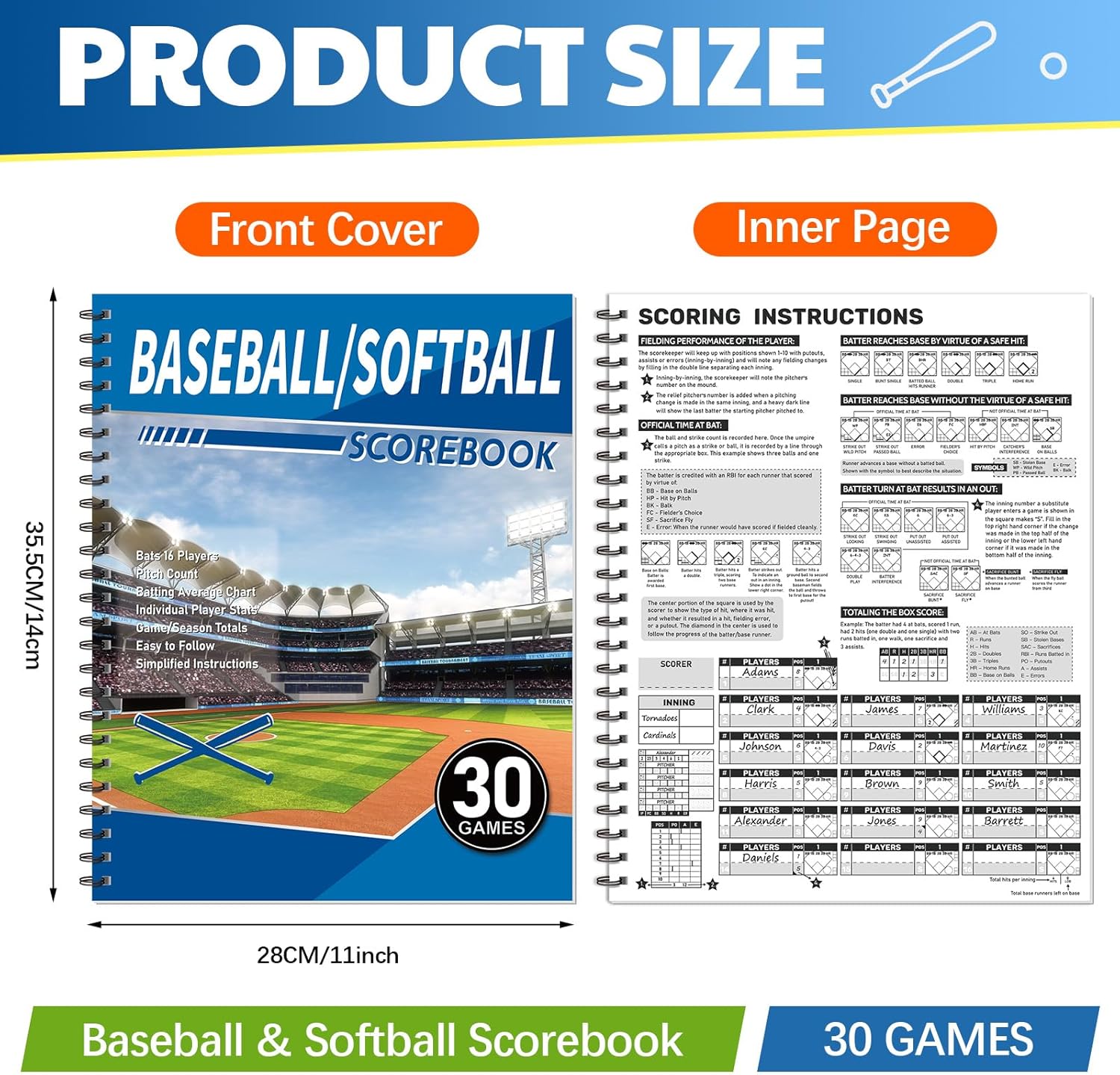 Skiennix Baseball Scorebook - 2 Pcs Softball Score Keeping Book for 30 Games | 11 x 14 Inches