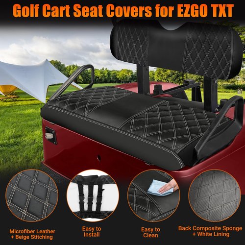 F FINEC 4PCS Waterproof Leather Golf Cart Seat Covers Compatible with EZGO TXT 1994-2013 Front & Aftermarket Rear Seat Kits | Beige Stitching | No Staple Installation