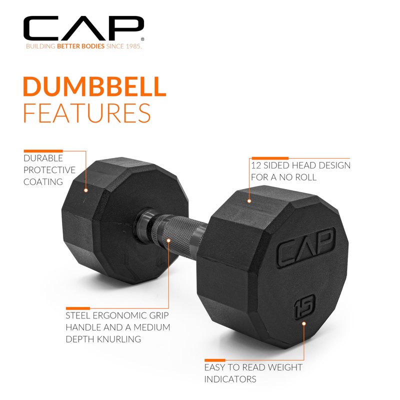 CAP 15 LB 12-Sided Rubber Coated Dumbbell Weight, Rubber Free Weights for Home Gym Strength Training, Black Oxide Handle, Pair