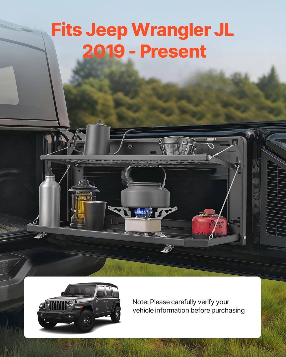VEVOR Tailgate Table for Jeep Wrangler JL (2019-Present) - Foldable Carbon Steel Molle Panel & Cargo Rack