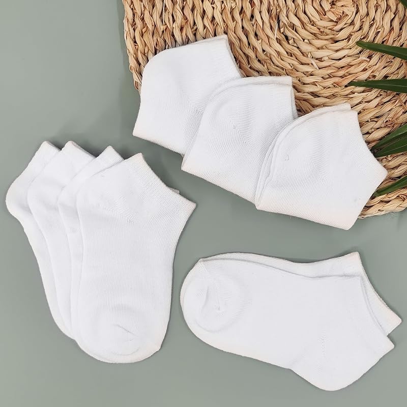 Duufin 12 Pairs White Kids Ankle Socks, Low Cut Unisex 10-15 Years - Variation White+10-15 Years