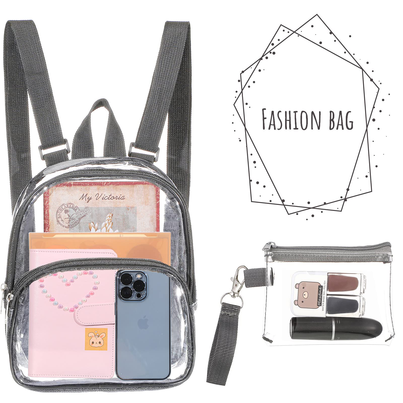 Weewooday Clear Mini Backpack Stadium Transparent Small See Through Bag with Waterproof Crossbody Concert Purse Handbag(Gray)