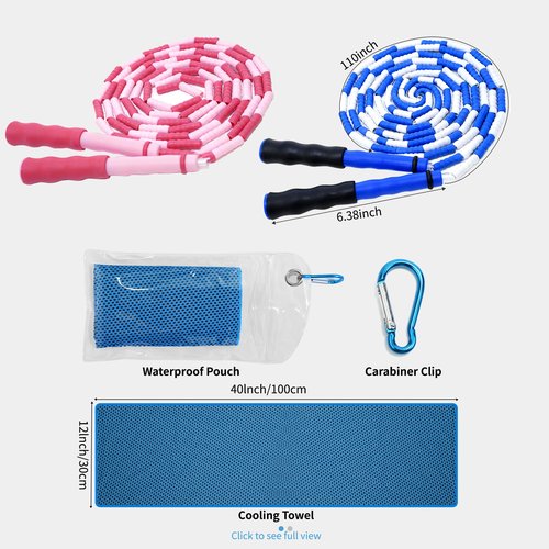 CUTEPLAN 2 Kids Jump Ropes & 2 Cooling Towels Set (35"x12") - Adjustable Tangles-Free Segmented Beaded Ropes for Kids 4-12, Ideal for Yoga, Running, Gym & Camping
