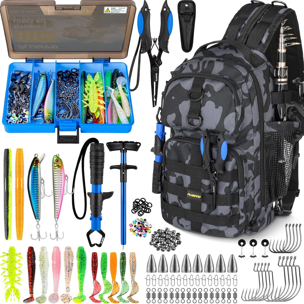 PLUSINNO Fishing Backpack - Waterproof Sling Tackle Bag with Rod Holder & Tackle Boxes | Ideal Fishing Gift for Men