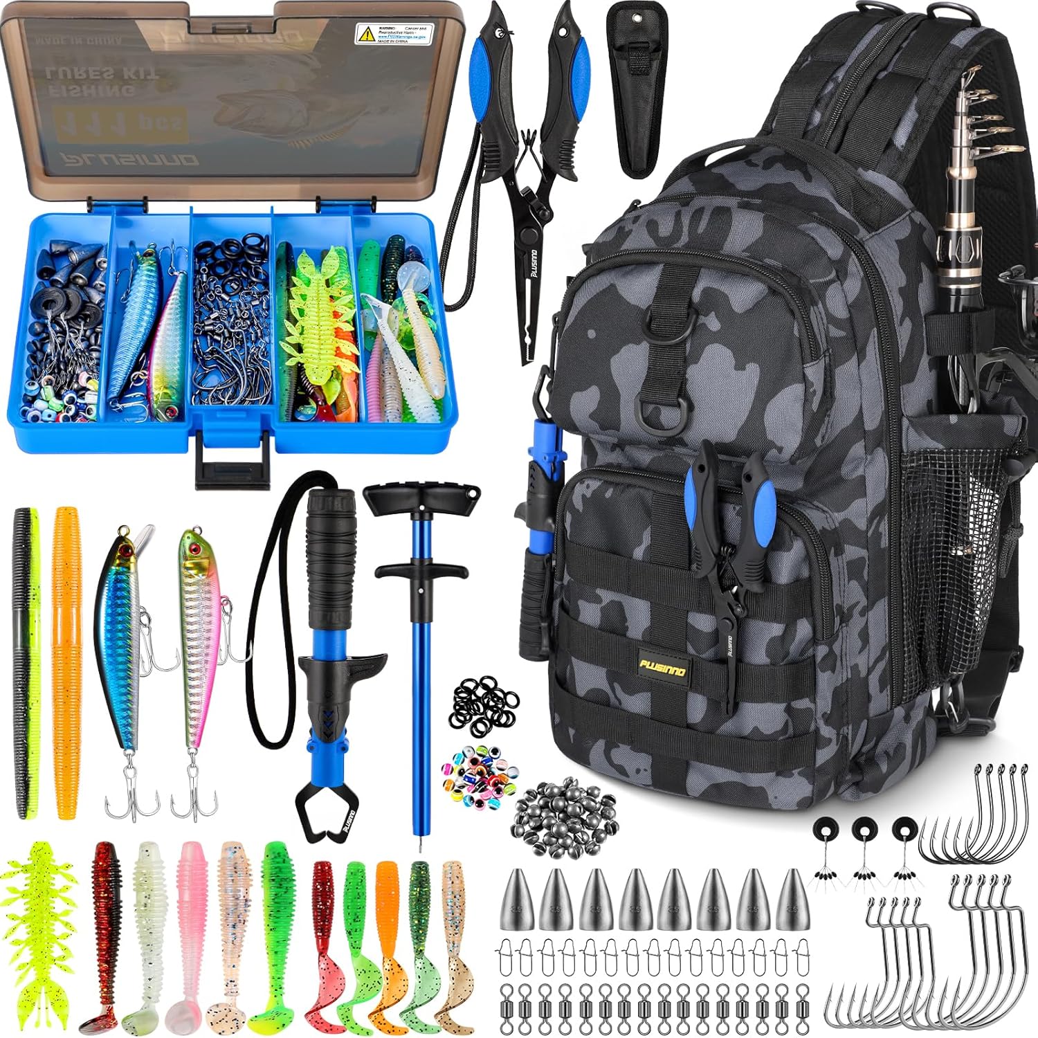 PLUSINNO Fishing Backpack - Waterproof Sling Tackle Bag with Rod Holder & Tackle Boxes | Ideal Fishing Gift for Men