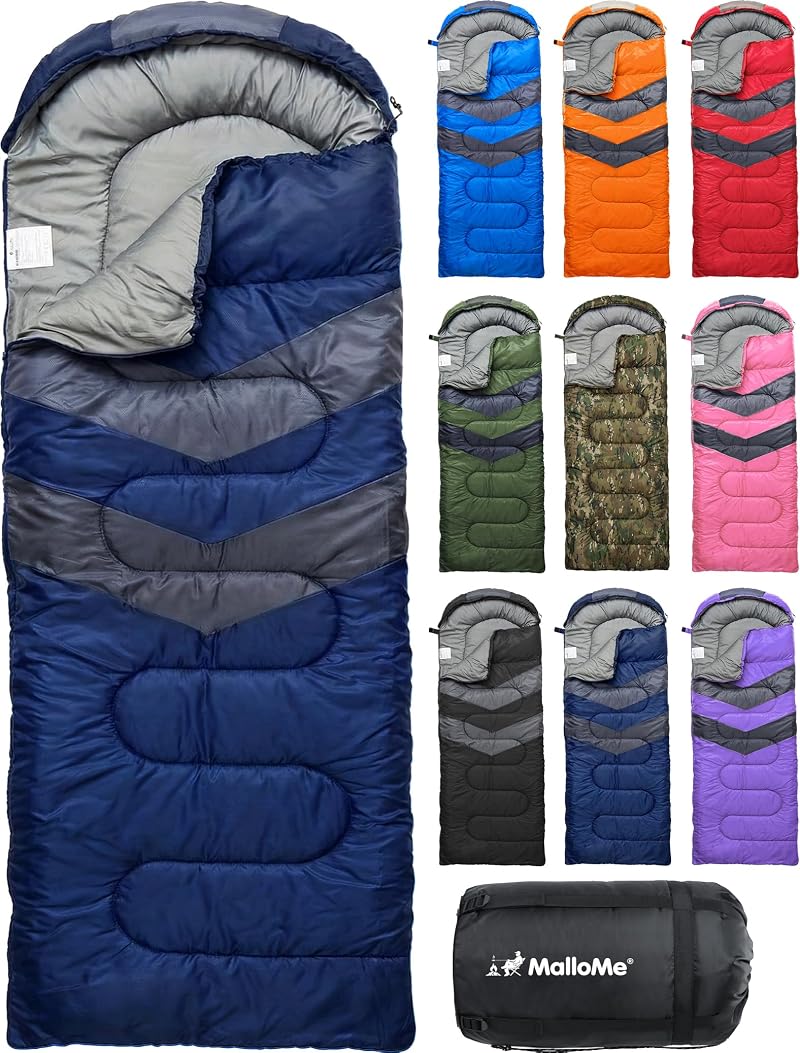 MalloMe Plush Comfort Sleeping Bag Set - 32°F-65°F, Navy Blue, 6ft Fit, Kids & Adults