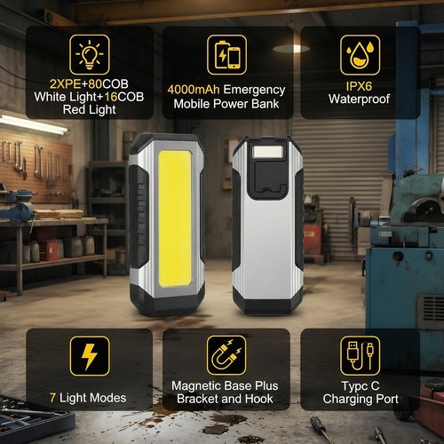 CIMANTIC Rechargeable Magnetic Work Light, 1000 Lumens, 7 Light Modes, COB Task Lamp LED Inspection Lamp & LED Flashlight with Foldable Hook, Hands-Free Use, Water Resistant