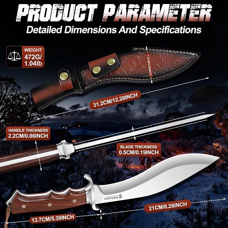 Dragon Creek Kukri Fixed Knife - 15° V-Edge Blade, Wooden Handle, Leather Sheath - Tan
