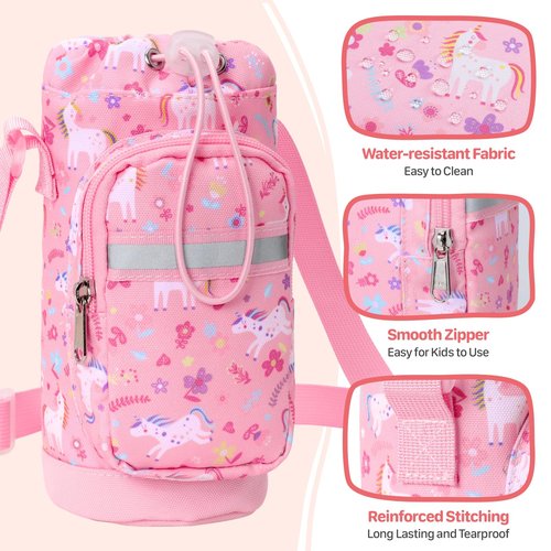 BrainyBees Water Bottle Holder for Kids - Water Bottle Carrier with Zipper Pocket & Strap, Crossbody Sling Bag Fits 10-18 oz, Protective Sleeve for School Hiking, Pink Unicorn