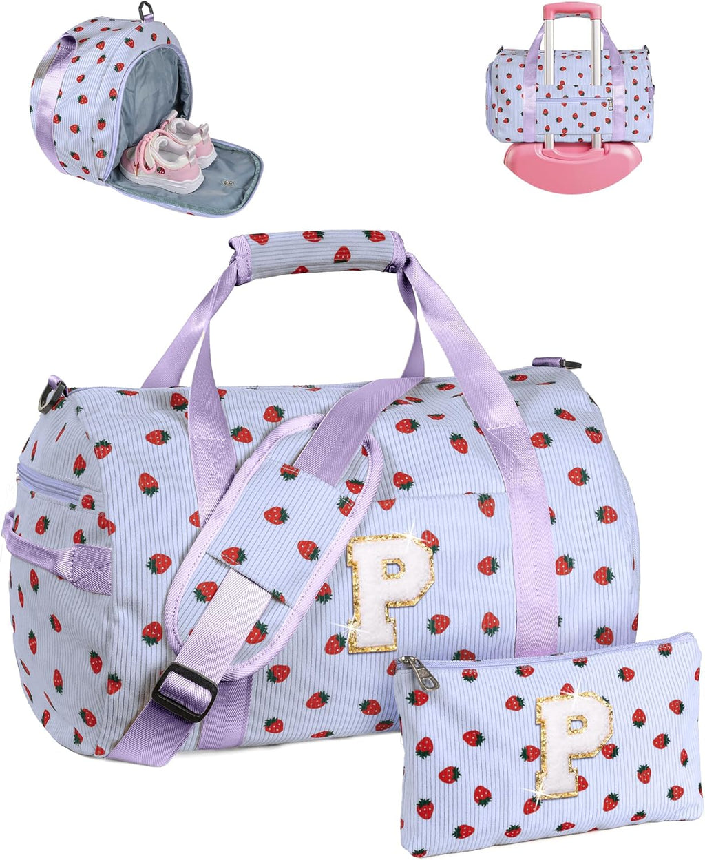 Skiennix Personalized Girls Gym Bag - Stylish Overnight Duffle with Shoe Compartment & Makeup Bag | Monogrammed Tote for Teens (Letter P)