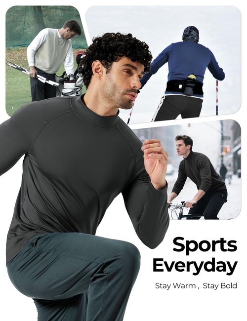 Gofeat Thermal Shirts for Men Turtle Mockneck Base Layer for Men Long Johns Black Flecce Lined Shirt Cold Gear, Large