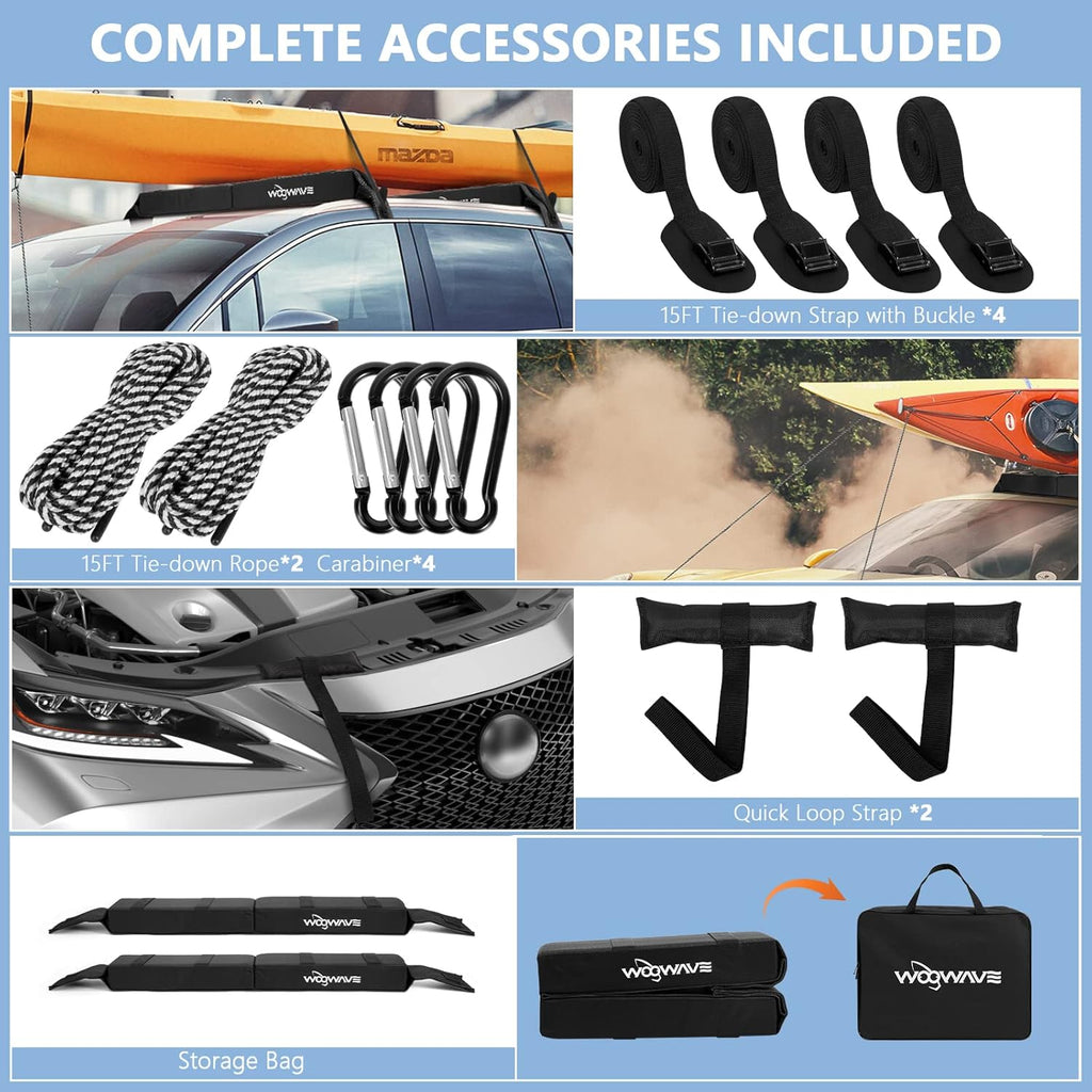 WOOWAVE Folding Kayak Carrier - Soft Roof Rack Pads with 4 Tie Down Straps & Storage Bag | Universal Fit for Canoe, Surfboard, Paddleboard, SUP