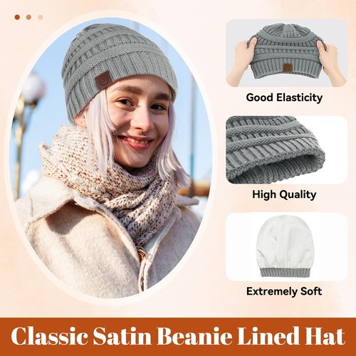 Zando 4 Packs Satin Lined Beanie for Women Men Teen - Warm Winter Hats with Hair Protection Windproof Knitted Silkly Lined Thick Beanies Sleep Cancer Cap One Size Black & Light Grey & White & Pink