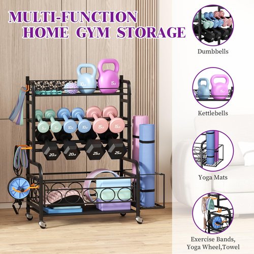 Dumbbell Rack,VOPEAK Weight Rack for Dumbbells, Weight Rack for Home Gym, Home Gym Storage Rack for Yoga Mat Kettlebells and Strength Training Equipment, Dumbbell Rack Stand only with Wheels