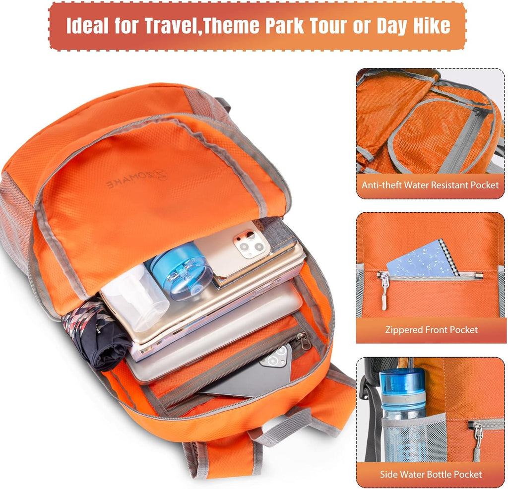 ZOMAKE Ultra Lightweight Hiking Backpack - 20L Packable Water-Resistant Daypack for Men & Women | Orange