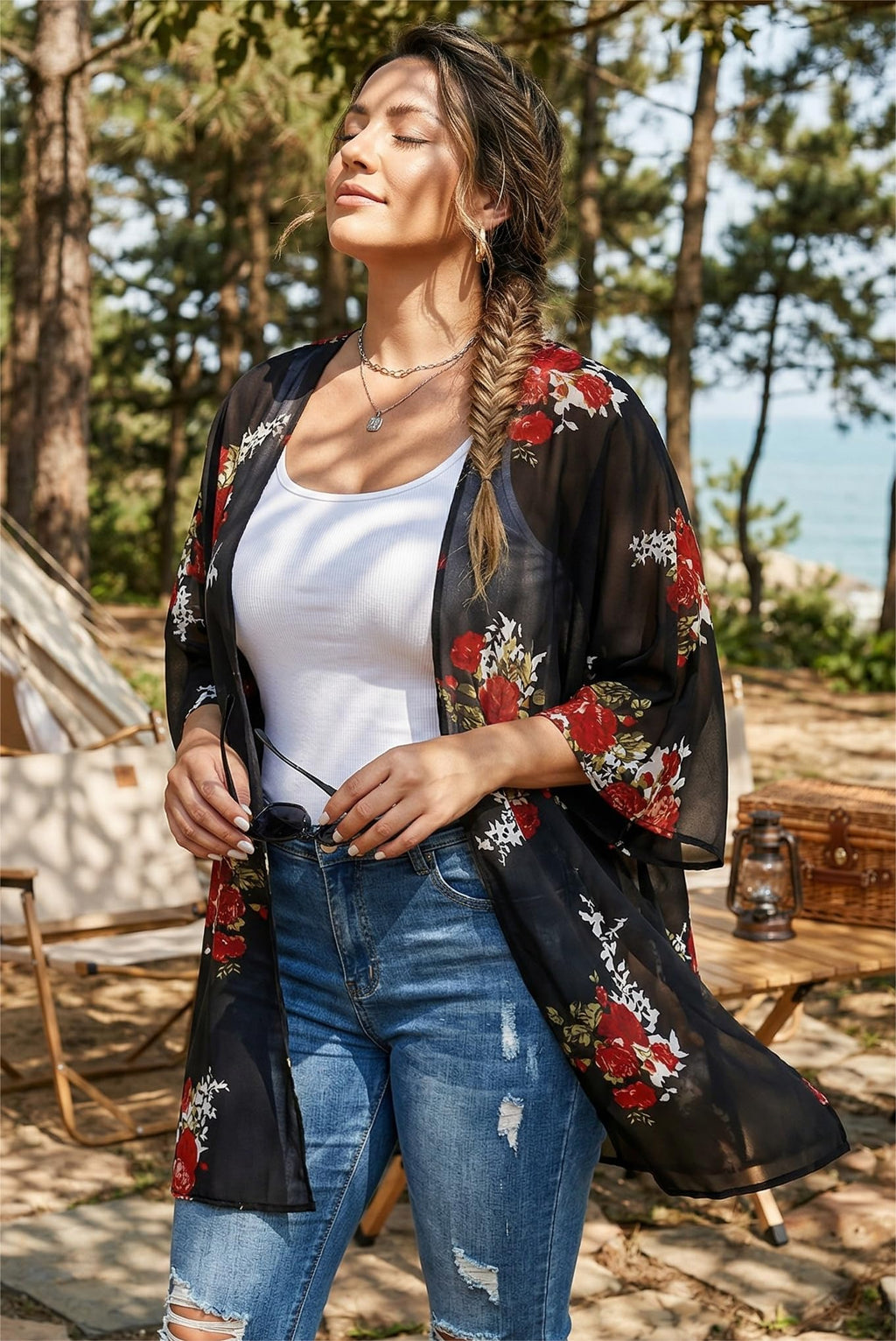 Women's Floral Print Puff Sleeve Kimono Cardigan Loose Cover Up Casual Blouse Tops (Black,2XL)