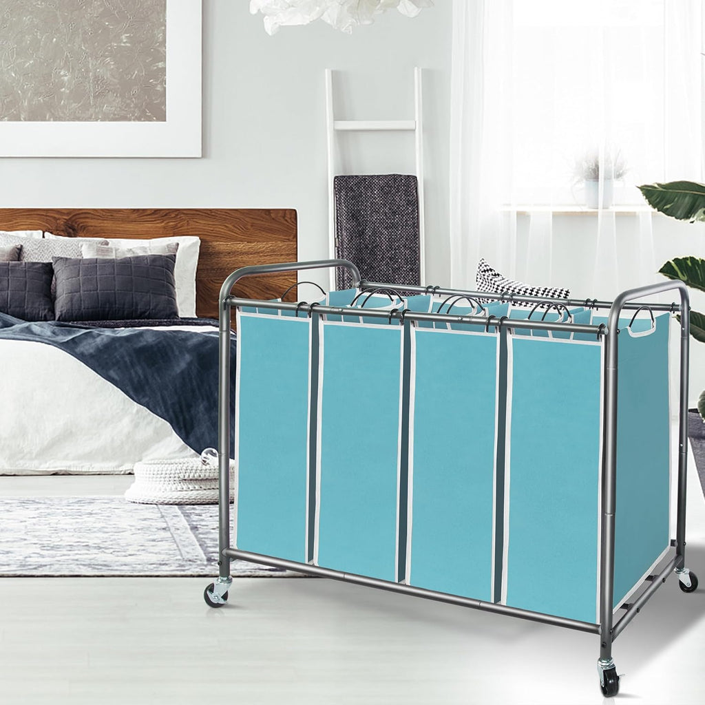 Storage Maniac Laundry Sorter - 4-Section Hamper with Wheels & Removable Bags - 47.8 Gal, Blue