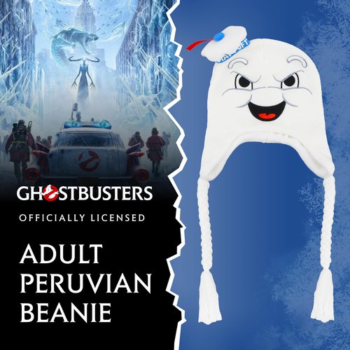 Ghostbusters Beanie Hat, Stay Puft Marshmallow Man Peruvian Winter Knit Cap with Tassels, White, One Size