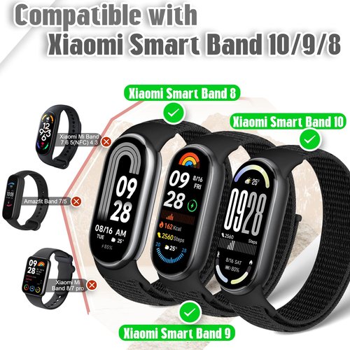 Bcuckood Nylon Sport Band Compatible with Xiaomi Smart Band 10/9/8 for Women Men, Soft Adjustable Breathable Sport Loop Watch Strap Replacement Wristband for Xiaomi Mi Band 10/9/8, 3pcs