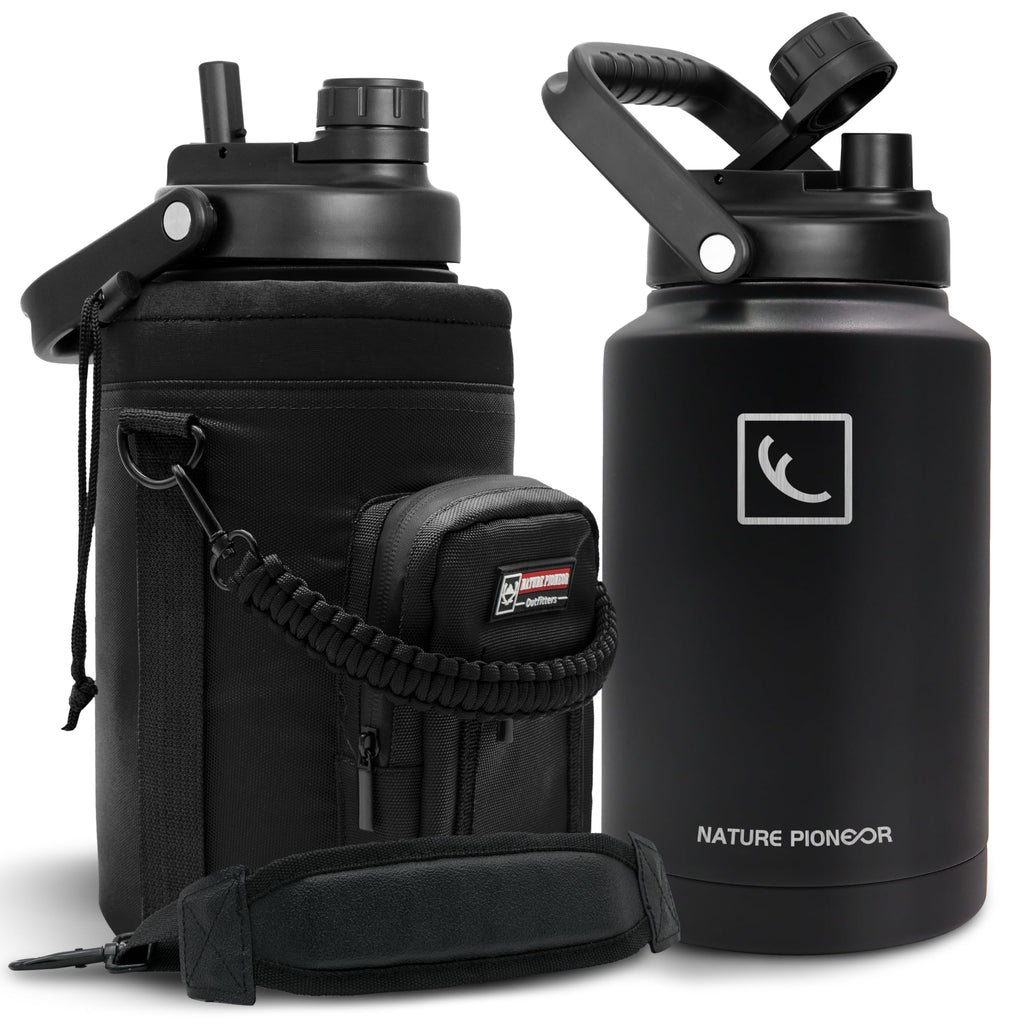 NATURE PIONEOR 1 Gallon Insulated Water Bottle - Double Vacuum Stainless Steel 128 oz Water Bottle with Holder/Carrier, Wide Mouth 1 gallon Water Jug for Outdoor Sports, Hiking, Camping, Gym
