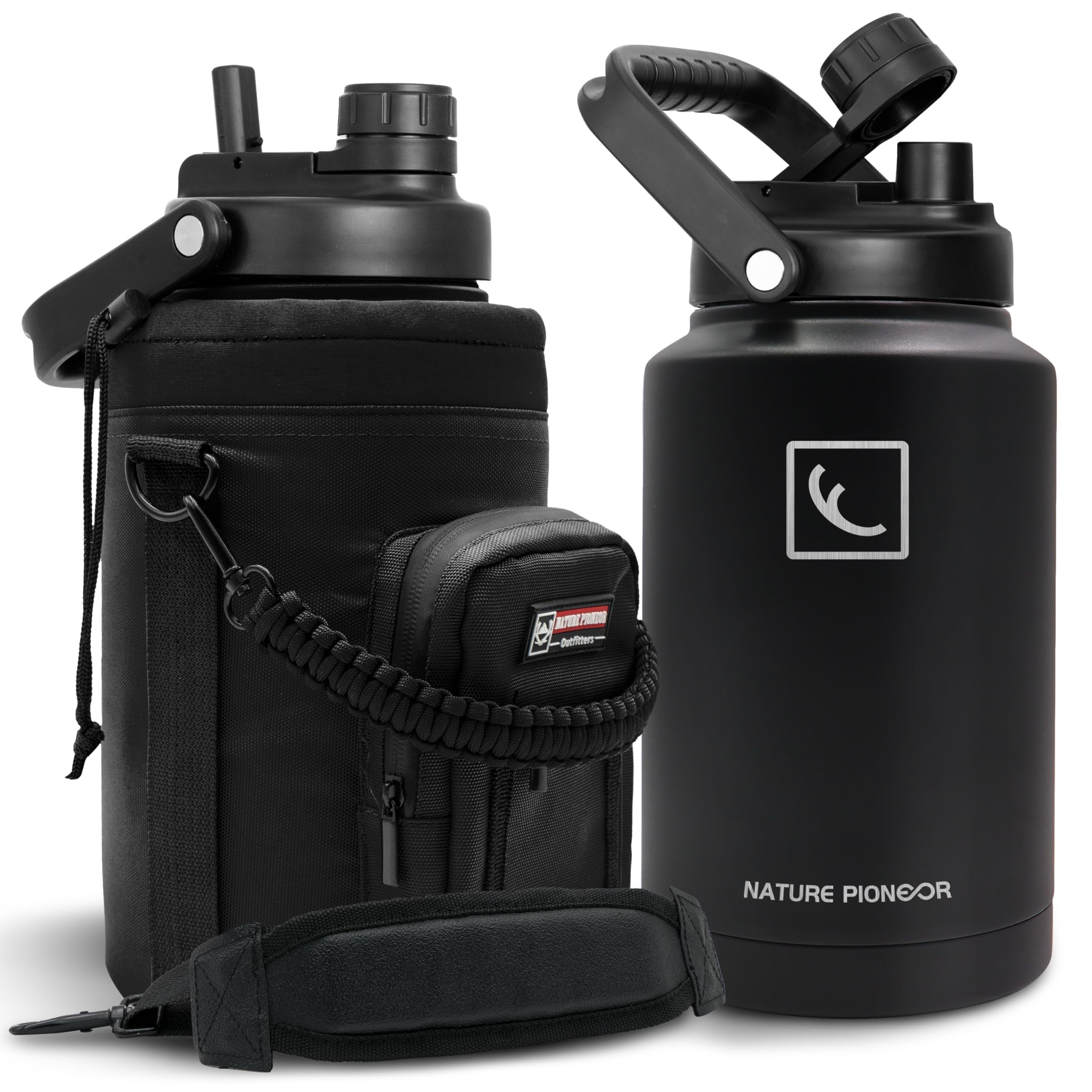 NATURE PIONEOR 1 Gallon Insulated Water Bottle - Double Vacuum Stainless Steel 128 oz Water Bottle with Holder/Carrier, Wide Mouth 1 gallon Water Jug for Outdoor Sports, Hiking, Camping, Gym