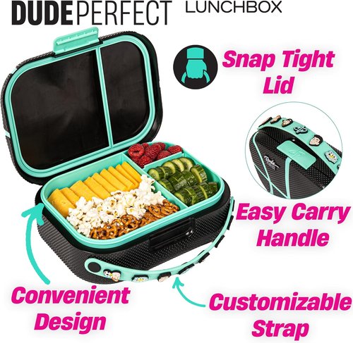 Dude Perfect Lunch Box - Leak Proof Bento Box with Snap Tight Lid & Adjustable Divider | Black
