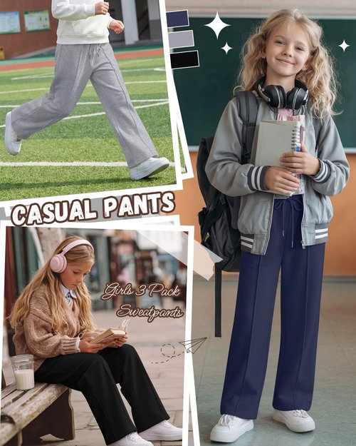 LessonZoo 3 Pack Girls Wide Leg Sweatpants Drawstring Baggy Pants Teen Girls Athletic Joggers Pants with Pockets 5-14Y(Navy Blue, Light Heather Gray, Black,11-12 Years)