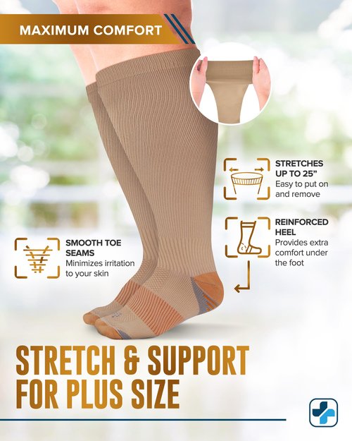 Doctor's Select Copper Plus Size Compression Socks Wide Calf - 2 Pairs | 20-30mmHg Extra Wide Calf Compression Sock Women |Traveling & Running | Tan /cppr-3XL