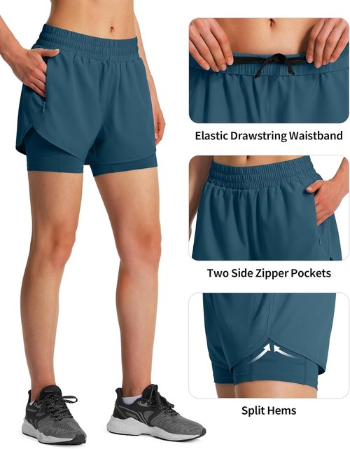Ksmien Women's 2-in-1 Running Shorts - Quick Dry Athletic Gym Shorts with Liner & Phone Pockets