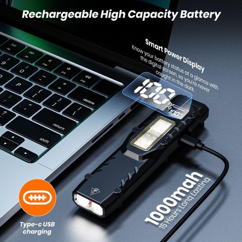 EDC Tactical Flashlight, 1100 High Lumens Rechargeable LED Flat Flashlight w/ Clip & Digital Display, Pocket Flashlight for Home Camping Emergency, Gifts for Men Dad Him Husband, Stocking Stuffers