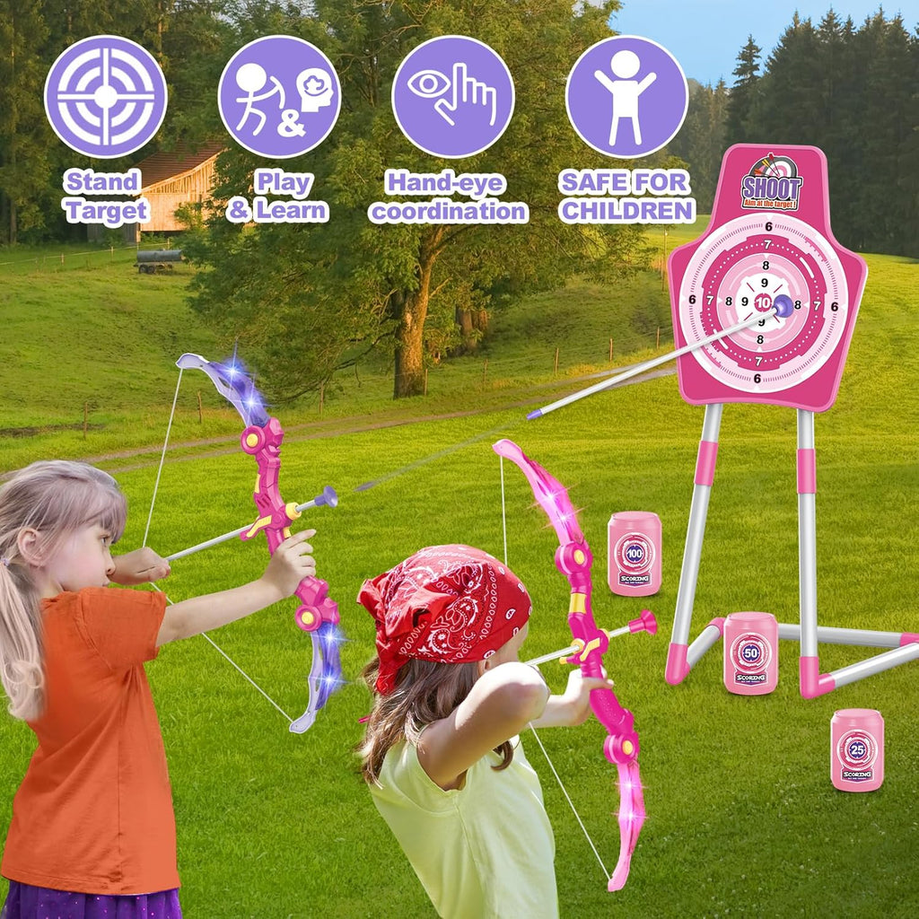 SpringFlower Archery Set - 2 Bow and Arrow Sets with LED Lights & Foam Dart Guns | Perfect Gift for Kids 5-10+ Years