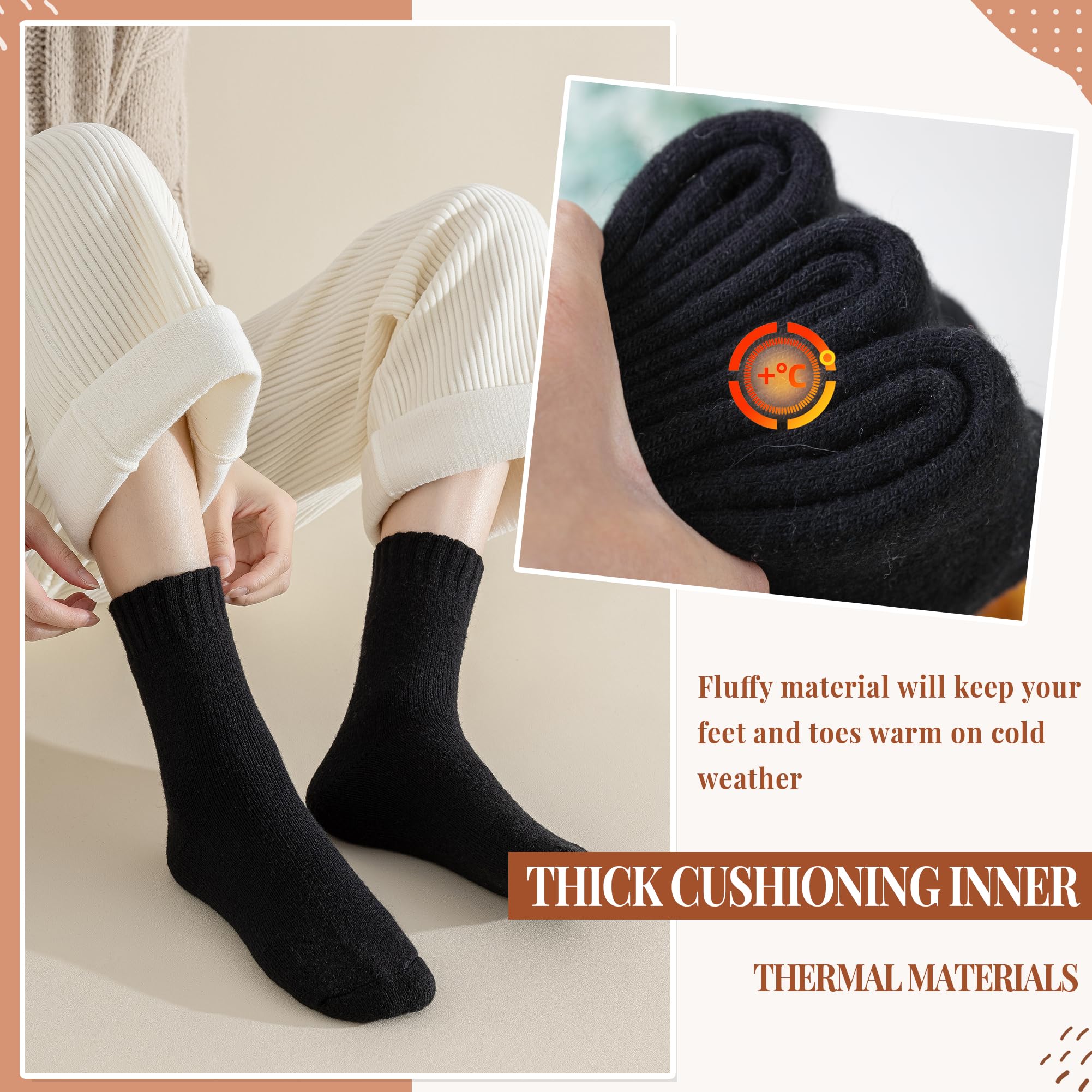 Velice Merino Wool Socks for Women 5 Pairs Warm Winter Hiking Thick Thermal Cozy Boot Work Soft Ladies Crew Socks(5 Pairs Black Socks)