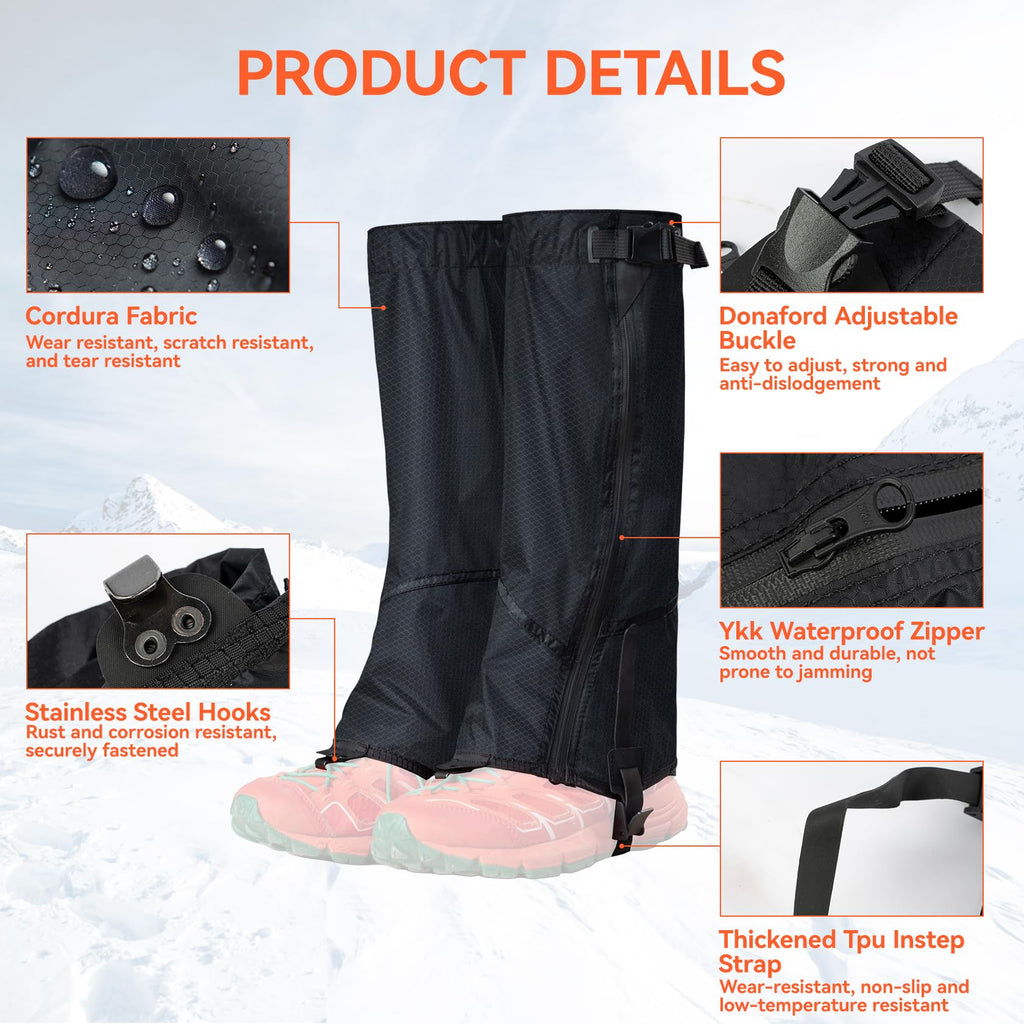OrrinSports Gators for Hiking Boots with Upgraded Zipper Gaiters for Hiking Snow Waterproof Lightweight Leg Gaiters for Men Women Medium