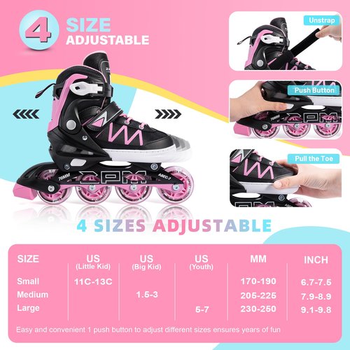 2PM SPORTS Boys Adjustable Inline Skates with Full Light Up Wheels, Fun Beginner Roller Skates for Kids Girls Youth - Pink Large